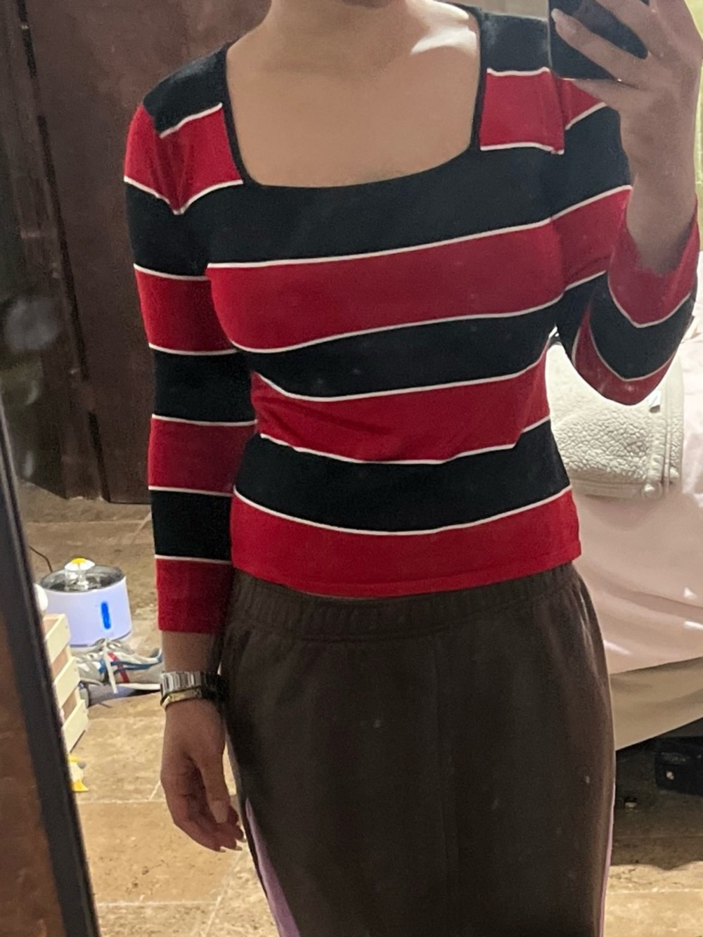 Vintage Express Red and Black Striped Square Neck Top